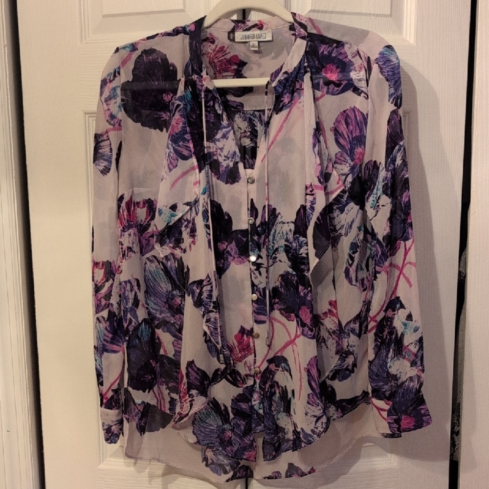 Jennifer Lopez Sheer Floral Blouse - Purple and Pink
